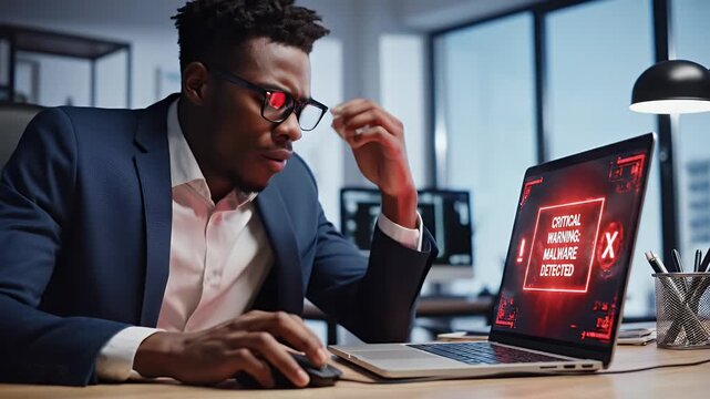Businessman receives warning alert on laptop - A worried businessman stares at his laptop, which displays a red warning alert indicating malware detected.