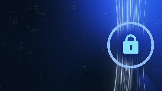 4K Tech Blue Cybersecurity Background. Glowing Lock Icon with Data Transfer Flow and Professional Copy Space.