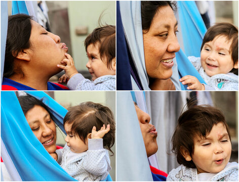 Collage of happy native american mom playing with her toddler daughter.