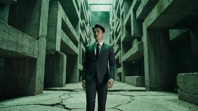 Man in suit standing in concrete maze