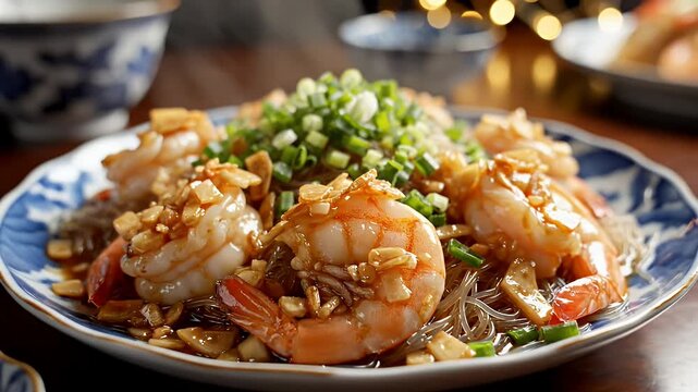 Shrimp with Garlic and Vermicelli Home-Style - This is a close-up of a home-style Chinese dish, featuring shrimp with garlic and vermicelli noodles, garnished with fresh green onions.