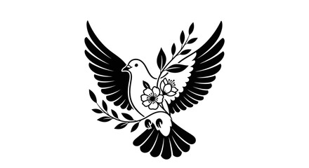 Obraz premium Black and white dove illustration with floral elements against a white background