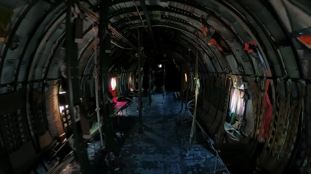 Educational footage exploring the preserved passenger bay of a classic military logistics airplane on static display.