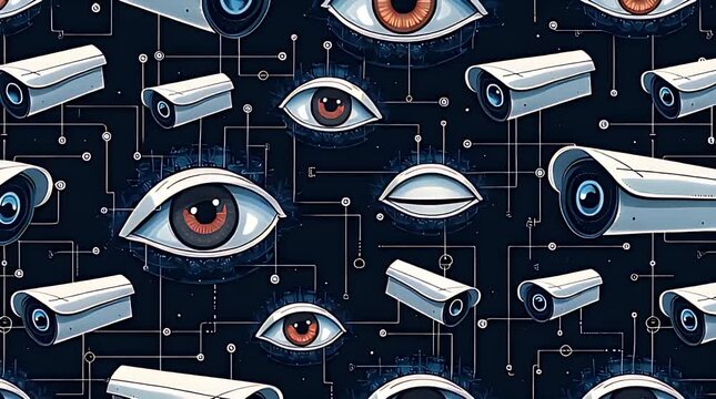 Seamless pattern of eyes, cameras, and data nodes connected in a grid, representing mass surveillance and data tracking, modern tech illustration, minimal dark theme