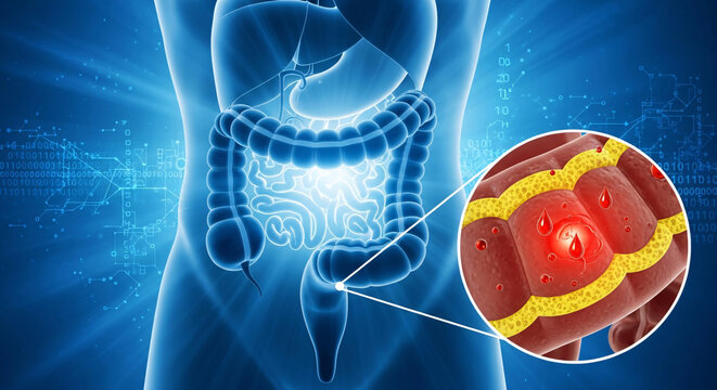Human digestive system showing colon inflammation with magnified detail of affected intestinal wall