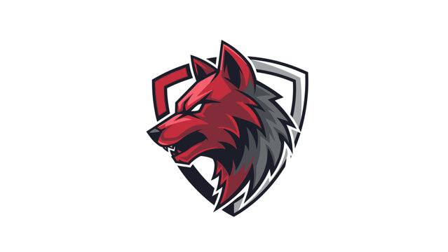 Stylized red wolf head emblem design on shield isolated white background