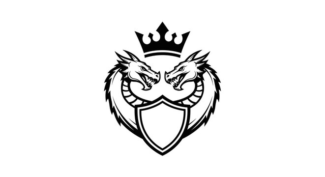 Heraldic dragon crest with crown and shield vector illustration
