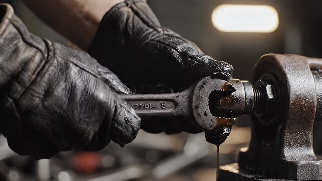 Mechanic's Oily Gloves - Close up of a gloved hand covered in oil working on machinery. The video showcases the hard work and dedication of a mechanic.