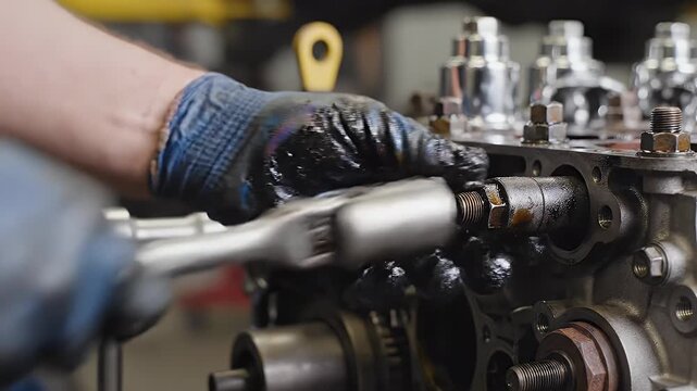 Mechanic Repairing Engine Close-up - A close-up shows a mechanic's hands wearing oil-covered gloves using a wrench to work on an engine.