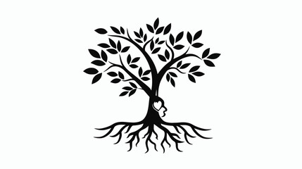 Obraz premium Stylized tree silhouette with roots and leaves isolated on white background