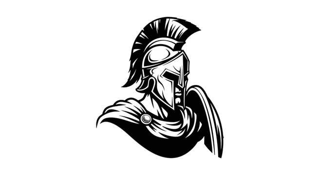 Black and white illustration of a spartan warrior with helmet and shield