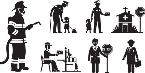 Black and white of police officers and stop signs in various scenes uniform badge © MdAbu
