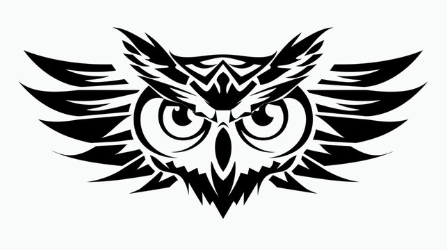 Intricate black owl illustration with wings on white background