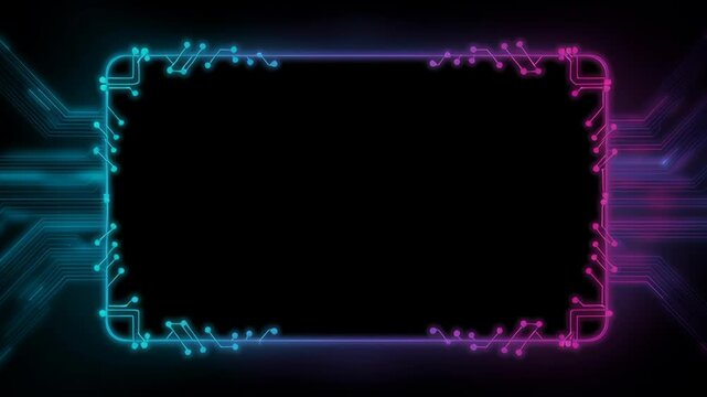 Digital icon neon communication concept information integration circuit board background computer processing abstract tech technology artificial intelligence modern video purple glowing rectangle