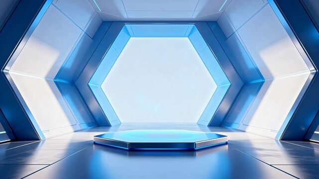 Futuristic hexagonal room with blue lighting