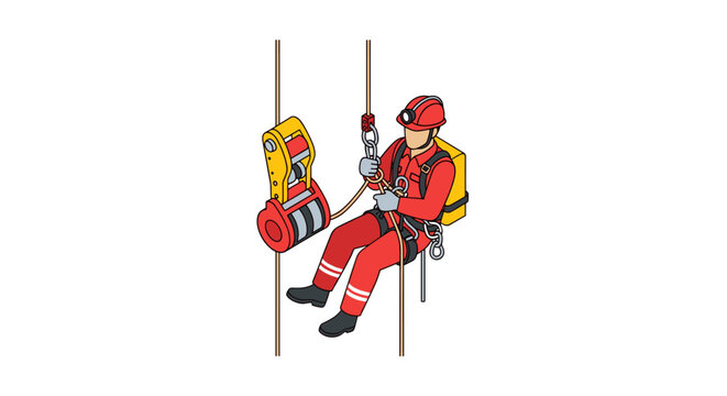 Rescuer in red uniform rappelling with safety equipment and backpack.