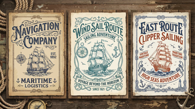 Vintage Nautical Typography Logos &ndash; Retro Sailing Badge and Maritime Design Set
