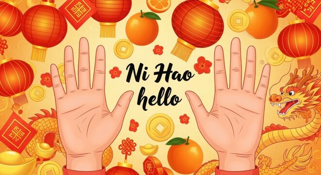 A chinese new year greeting card with hands and lanterns illustration