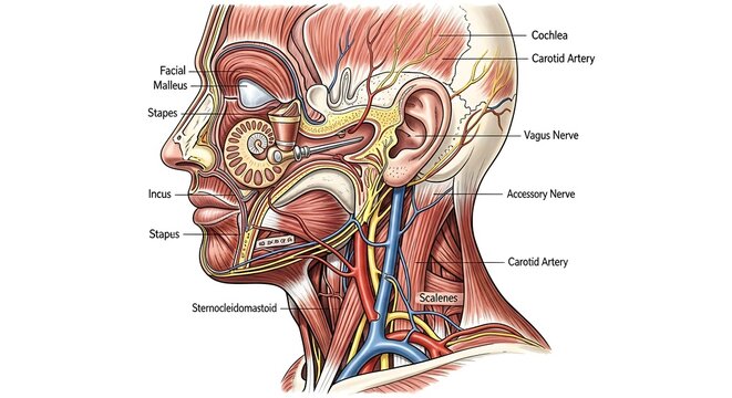 Detailed Anatomical Illustration of the Human Head and Neck Muscles.