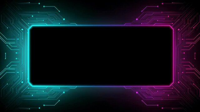 Digital icon neon communication information integration circuit board background computer processing abstract tech technology artificial intelligence modern video purple glowing frame with digital