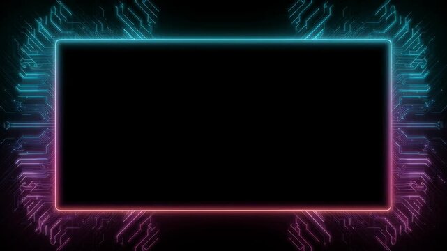 Digital icon neon communication information integration circuit board background computer processing abstract tech technology artificial intelligence modern video purple frame glowing with processing