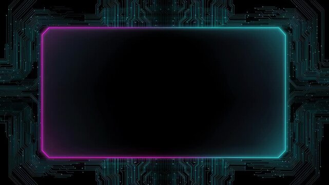 Digital icon neon glowing frame border circuit board motherboard electronics technology abstract communication concept information integration computer processing tech artificial intelligence modern
