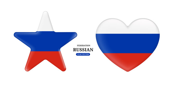 Russian Federation national flag with a glossy glass-like effect in star and heart isolated on white background for graphics design or infographic media design, vector 3d isolated for design
