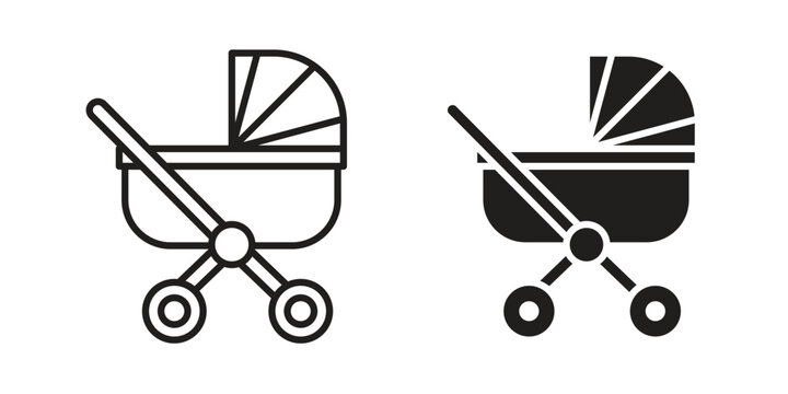 Baby carriage icon symbols, Solid black and editable stroke icons
