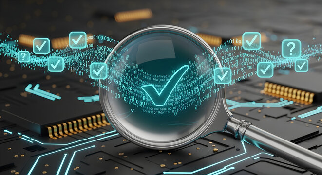 Digital verification process with a magnifying glass over a computer chip, showcasing a secure system with glowing checkmarks and question marks