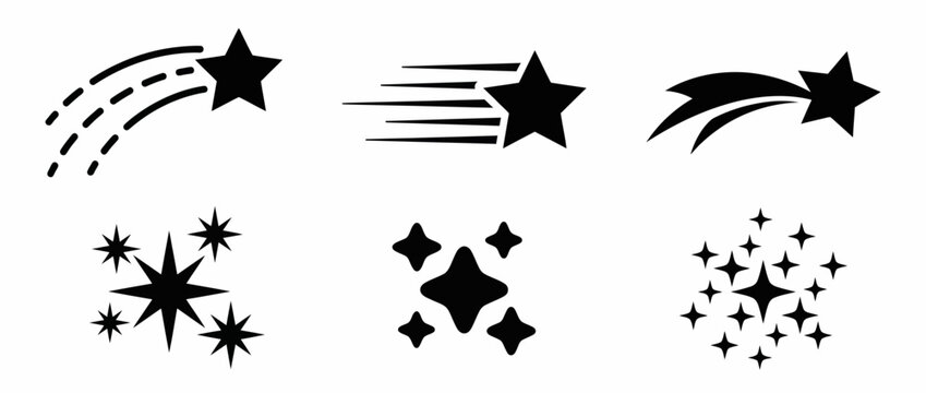 Black vector starburst graphics and shooting star designs on white