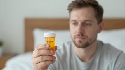 Fototapeta premium Stressed man holding medicine bottle in bedroom