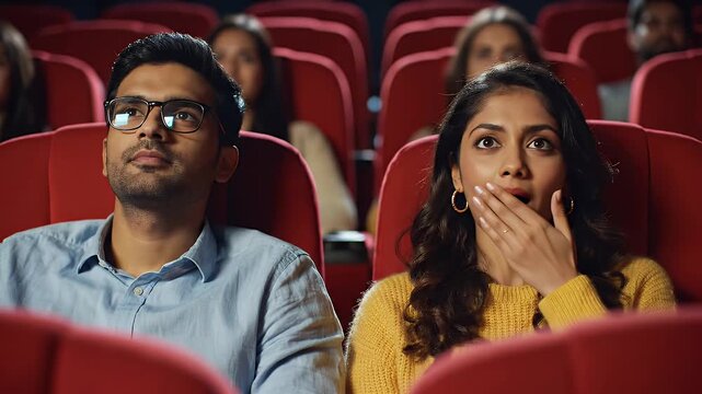 Couple Reacting to a Movie in a Cinema - A young couple is watching a movie in a cinema, with the woman displaying a surprised reaction while covering her mouth.