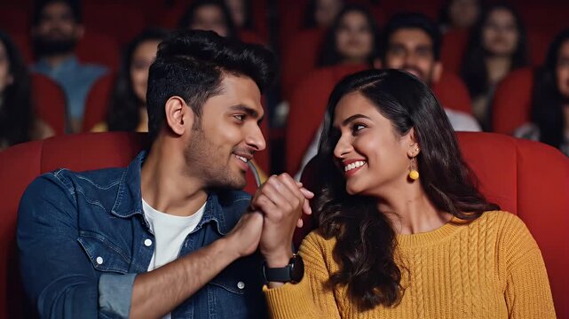 Couple Enjoying Movie at Cinema - A young couple is shown sitting in a movie theater, holding hands and smiling at each other. The background is blurred with other moviegoers seated in rows.