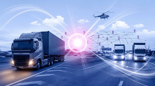 logistics transportation supply chain truck technology delivery shipping concept with digital network fleet management gps tracking helicopter and futuristic high speed motion blur.
