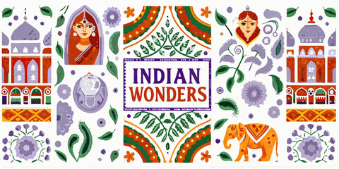 Obraz premium A colorful illustration showcasing iconic indian architecture and cultural elements