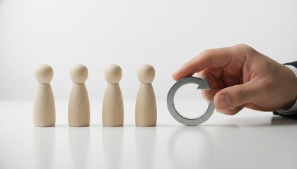 employee turnover, recruitment, human resources, staff renewal, business process, workforce, replacement concept showing a hand placing a circular refresh arrow next to wooden figures