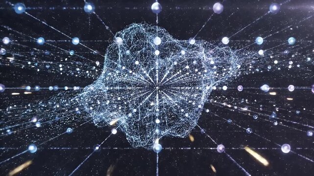 Digital Network Cloud Structure - This video shows a glowing digital cloud network structure with connected lines and spheres. It represents data transfer, connectivity and complex systems.
