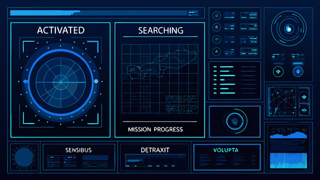 Futuristic user interface displaying activated systems and global search data