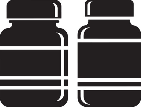 Two black silhouette icons of simple jars with labels, representing storage, containers, food, ingredients, and packaging designs, Storage Container
