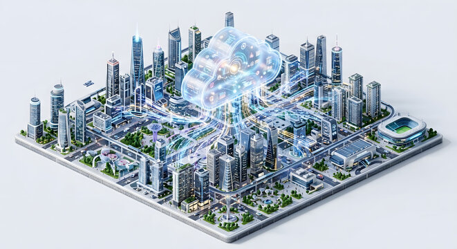 Isometric 3D Illustration of Smart Cities Connected to Digital Cloud
