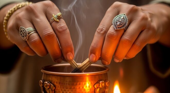 Anvadhan Ritual Day, Close-up of a person's hands wearing traditional rings, carefully placing sacred Samidha wood into a glowing copper Havan Kund