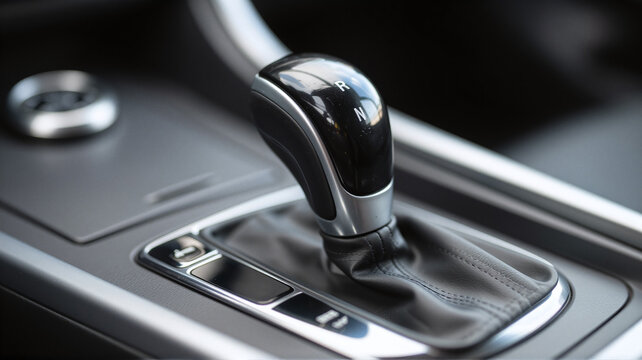 Gearstick showing manual transmission in car interior