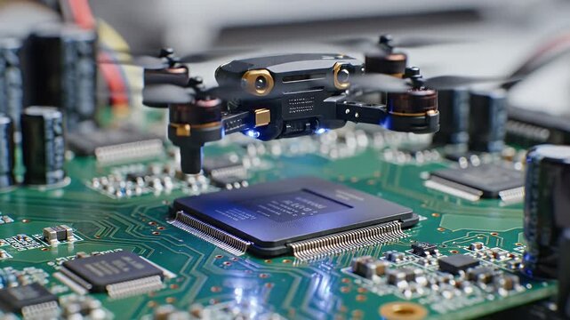 Drone on Circuit Board Close-Up - A small drone is carefully positioned atop a green circuit board, with intricate details of the components visible.