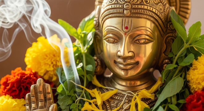 Apara Ekadashi, Close-up of a serene golden Lord Vishnu idol adorned with fresh Tulsi leaves and yellow marigold petals