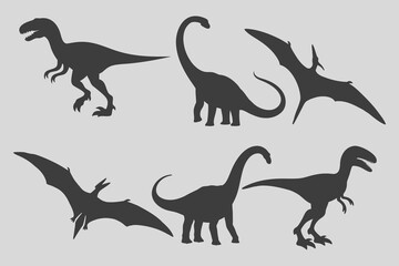 Dinosaur silhouettes Raptor, diplodocus dinosaur set collection illustration. prehistoric reptile poses set, black isolated Jurassic icons, editable shapes, flat vector illustration bundle design © SAGOR
