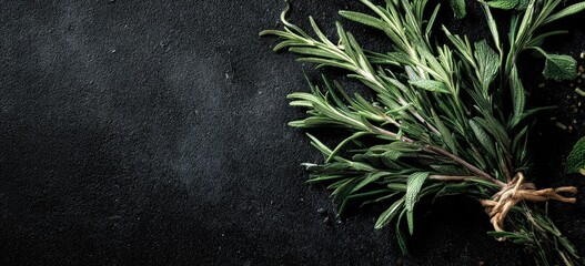 Fototapeta premium Fresh herbs tied together on a dark surface, a culinary ingredient