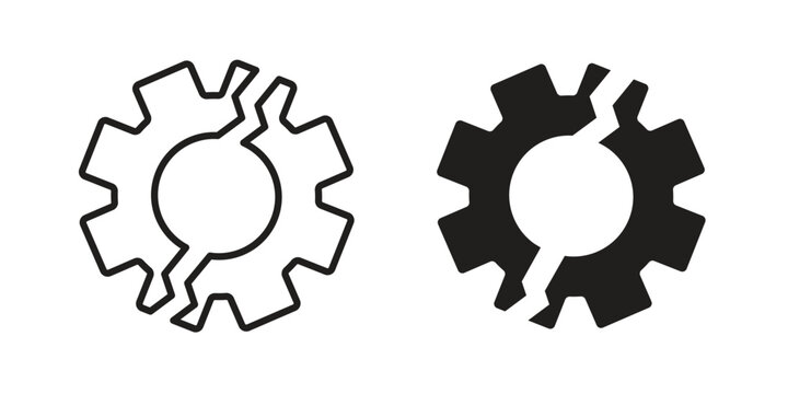 Broken gear icon symbols, Solid black and editable stroke icons