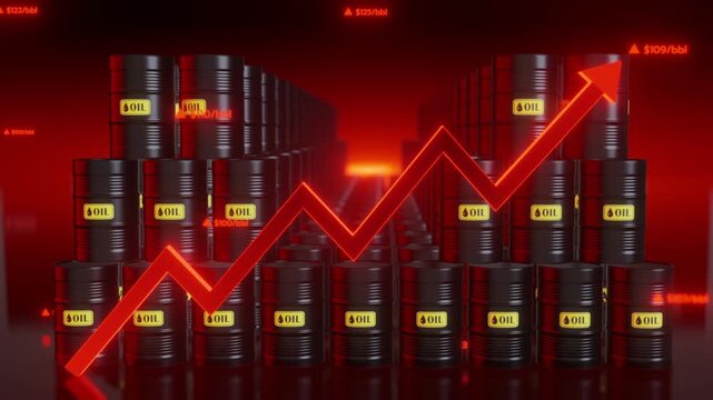 3D render oil barrels stacked red rising arrow graph financial data indicators. Global energy crisis fuel price increase inflation war impact economy. Dark dramatic background.