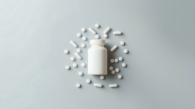Generative AI Clean White Pills and Container on Light Grey Background Essential Health Supplement