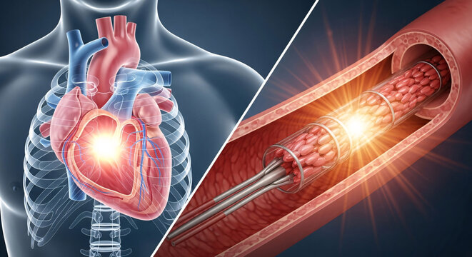 Human heart anatomy shown next to a medical procedure involving a stent placed inside a blood vessel
